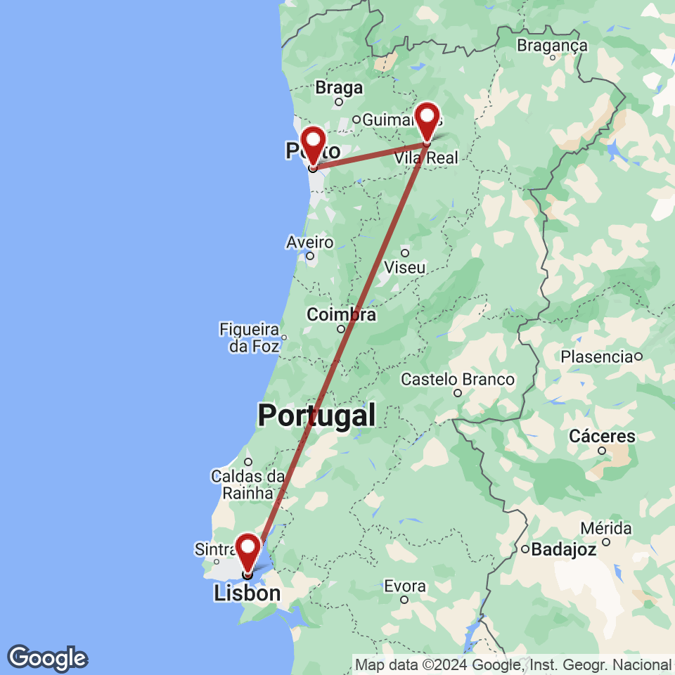 Route for Porto, Douro Valley, Lisbon tour